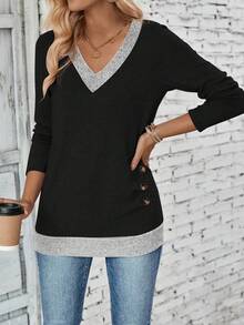 EMERY ROSE Tricou casual cu mânecă lungă, blocuri de culoare, pentru femei, toamnă - Negru - Vizualizare 5