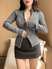 Women's Textured Cable Knit Sexy Fitted Sporty Sweater, Color Block Lace Patchwork Stand Collar Casual Cardigan, Autumn/Winter - Grey - View 8