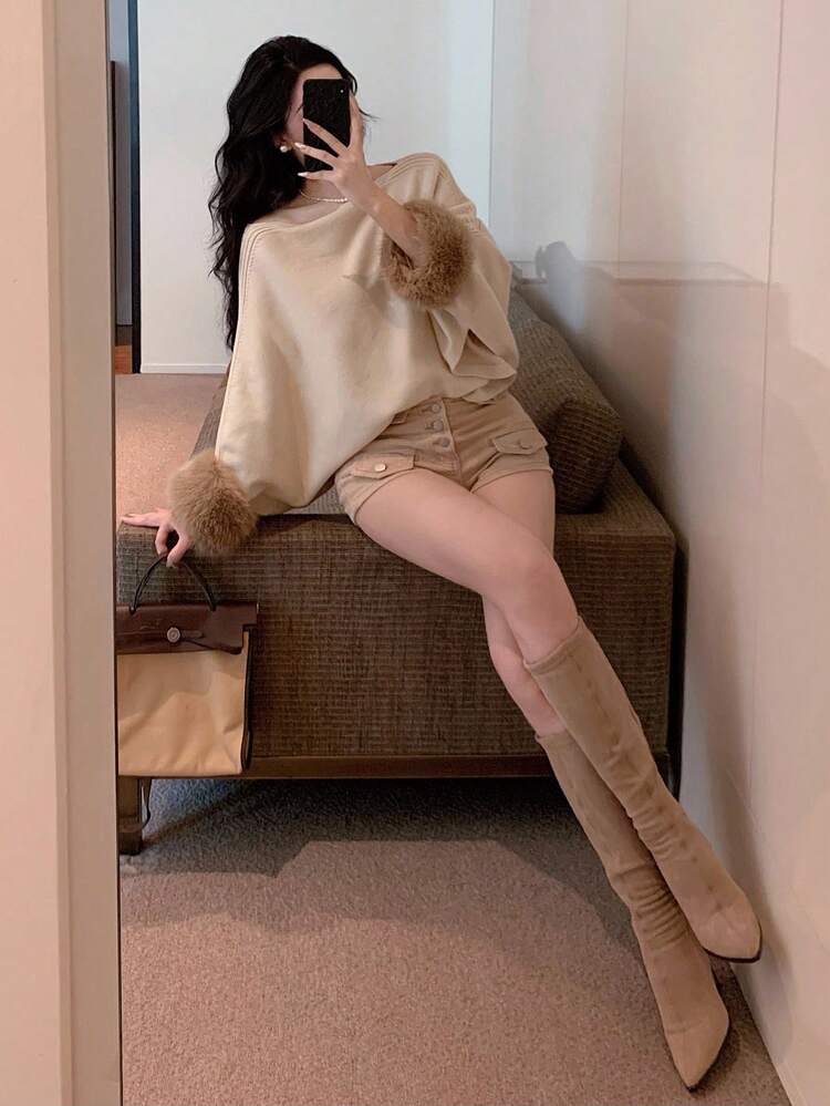 Autumn/Winter Loose Casual Fuzzy Collar Colorblock Knit Cover Up Shawl Asymmetric Neckline Sweater, Fashionable & Elegant For Wedding, Party, Sexy For Women
