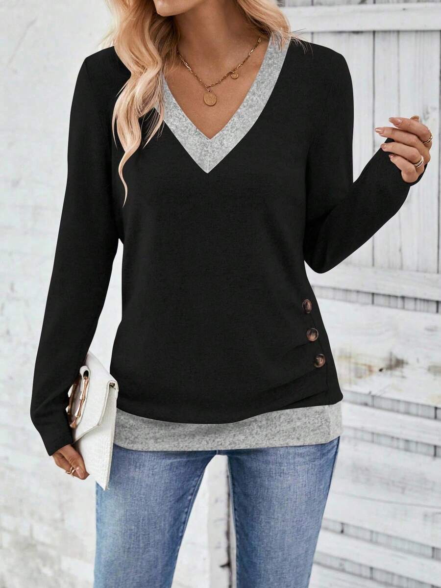 EMERY ROSE Tricou casual cu mânecă lungă, blocuri de culoare, pentru femei, toamnă - Negru - Vizualizare 1