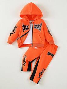 SHEIN Playful Pals Set de 2 piezas con chaqueta con capucha de manga larga con cremallera y bordado de letras, y pantalones con bordado de letras para niños pequeños. Estilo informal suave y cómodo, adecuado para salidas, juegos al aire libre, vacaciones y uso diario en otoño/invierno