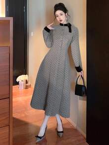 DAZY Abito in tessuto di lana con vita stretta, stampa a pois su tutto il capo, colletto a nastro a contrasto, chiusura con bottoni in metallo, vestito elegante con vestibilità morbida adatto per lavoro/matrimonio/festa, abito midi a-line per donna - Grigio - Visualizzare 7