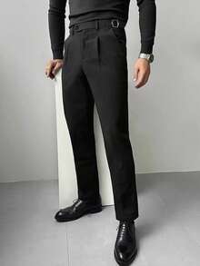 Manfinity Bizformal Men's Black Suit Pants, Waistband Design, Business Casual Straight Leg Trousers Sumwon Black Dress Pants Men Men Black Dress Pants Mens Pleated Suit Pants Black Slacks For Men Mens Black Pleated Pants Men S Pleated Suit Pants Black Pant Men Slim Fitted Elastic Pants