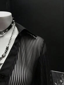 EgrlEra Women's Striped Patchwork Sexy Front Button Long Sleeve Shirt - Black - View 4