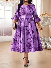 Fleurora Váy chữ A tay chuông thắt đai màu hồng cho mùa xuân và mùa hè, mùa thu và mùa đông, tiệc cưới sang trọng, tiệc cocktail, tiệc Giáng sinh, cỡ lớn, phối đồ - Màu tím - Xem 1