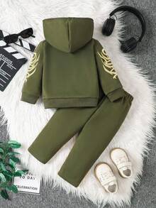 SHEIN Playful Pals 2 件套男婴字母刺绣连帽衫夹克和字母刺绣裤柔软舒适休闲装，适合秋冬季户外玩耍、日常穿着、旅行 - 綠色 - 查看 2