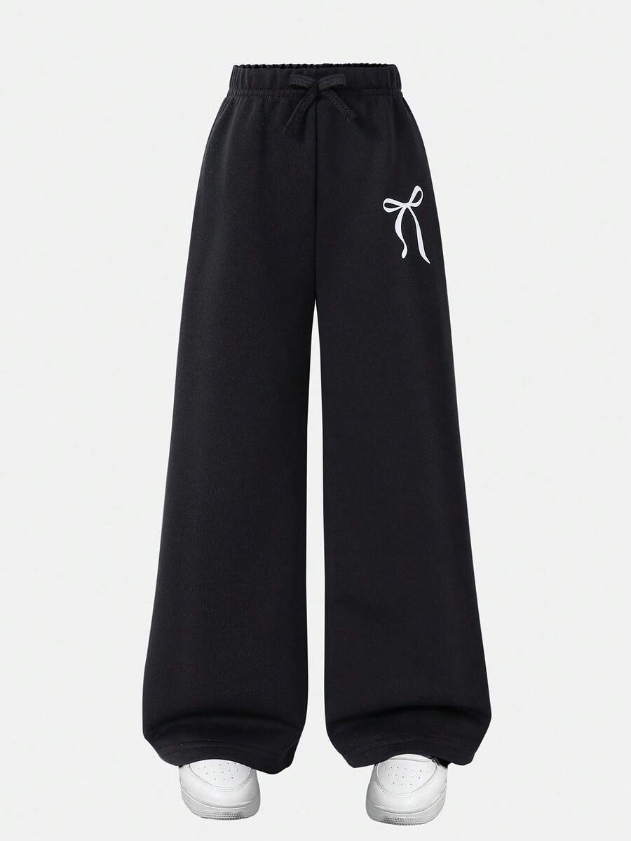 SHEIN ChillGRL Young Girl Wide Leg Pants With Bow Waist, Butterfly Print, Casual School, Fall Winter - Black - View 1