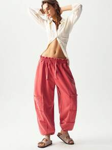 Bohemela Women's Solid Color Loose Knit Drawstring Pants - Red - View 2