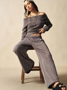 Bohemela 2pcs Boho Casual Solid Color Knitted Women Set, Autumn/Winter,Fall