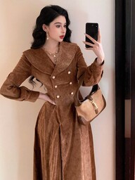 DAZY فستان كاجوال أنيق من الفيلكرو البني الصلب بخصر مناسب، مزين بإبزيم معدني، مناسب للزفاف والحفلات والمناسبات الرسمية، فستان نصف طويل بأكمام طويلة للنساء