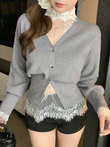 DAZY Women's Fashion Elegant Grey Autumn Waist Cinched Cardigan,High Collar Lace Trim Mesh Patchwork Layering Sweater,Suitable For Wedding,Party,Casual - Grey - View 8