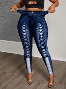 Slaydiva 大码简约图案印花紧身裤，秋冬季休闲装 - 白色 - 查看 1