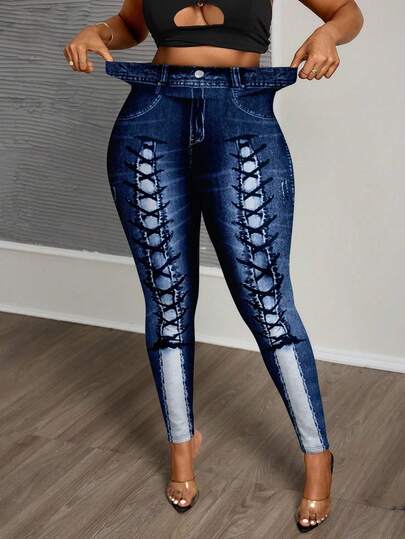 Slaydiva 大码简约图案印花紧身裤，秋冬季休闲装