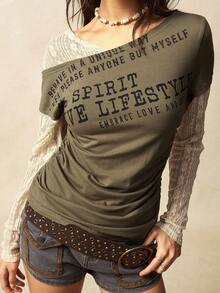 Bohemela Plus Size Women Slogan Print Contrast Lace 2 In 1 Top
