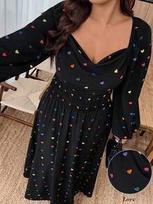 Weeklong Plus Size Heart Print V-Neck High Slit Long Sleeve Dress, Random Print Fall Cloth For Women - Black - View 1