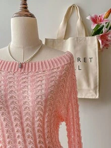 SHEIN Unity Pale Pink Hollow Out Boat Neck Flare Sleeve Sweater For Women - Pink - View 6