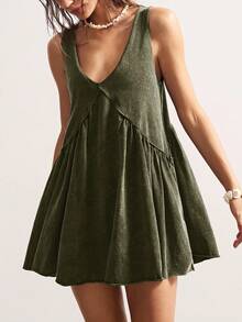 Bohemela 休闲纯色针织V领宽松女式迷你连衣裙