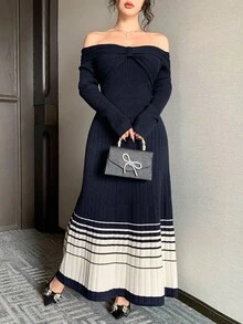DAZY Autumn/Winter Fitted Off Shoulder Twist Knot Striped Color Block Party Dress, Fashion Cocktail Sweater Dress - Navy Blue - View 5
