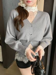 DAZY Women's Fashion Elegant Grey Autumn Waist Cinched Cardigan,High Collar Lace Trim Mesh Patchwork Layering Sweater,Suitable For Wedding,Party,Casual - Grey - View 9