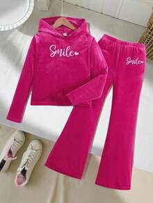 SHEIN 少女天鹅绒休闲简约舒适圆领运动衫和裤子套装 - 玫紅色 - 查看 1