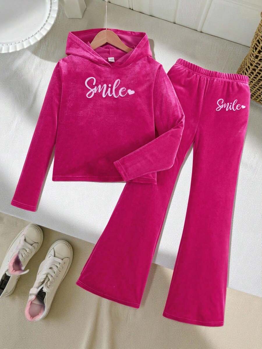 SHEIN 少女天鹅绒休闲简约舒适圆领运动衫和裤子套装 - 玫紅色 - 查看 1
