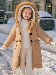 SHEIN Tween Girls' Casual Basic Quilted Padded Mid-Length Padded Coat, Warm For Autumn/Winter Fall