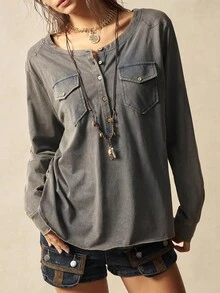 Bohemela 大码女式休闲水洗复古半扣衬衫 - 黑色 - 查看 6