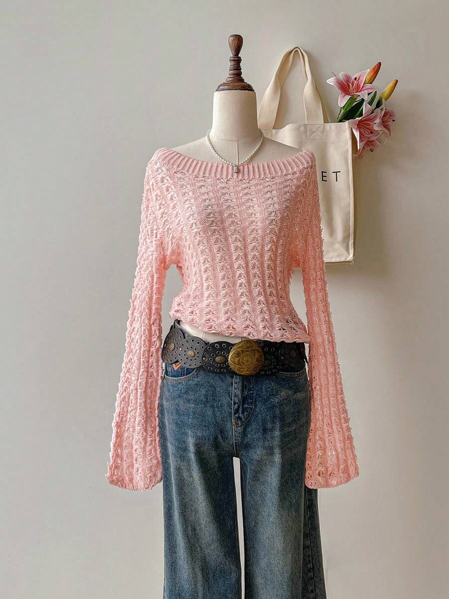 SHEIN Unity Pale Pink Hollow Out Boat Neck Flare Sleeve Sweater For Women - Pink - View 1