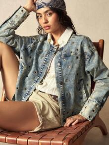 Bohemela Autumn/Winter Boho Casual Solid Color Woven Metal Eyelet Denim Loose Fit Cropped Jacket For Women