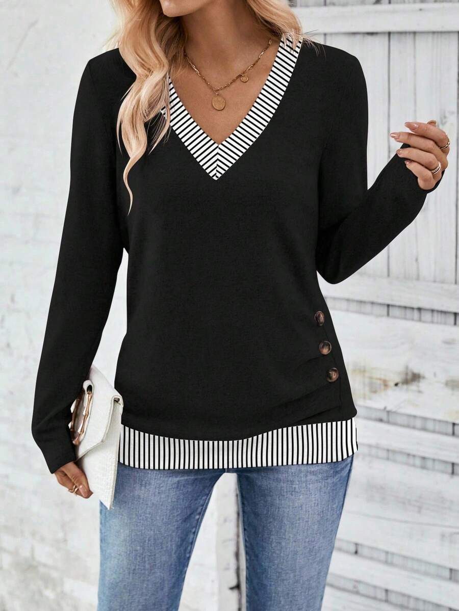 SHEIN LUNE V领侧褶按扣条纹领长袖T恤 - 彩色 - 查看 1