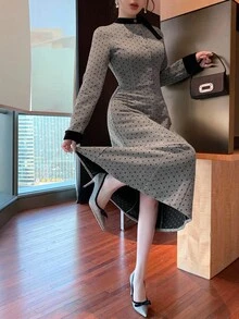 DAZY Abito in tessuto di lana con vita stretta, stampa a pois su tutto il capo, colletto a nastro a contrasto, chiusura con bottoni in metallo, vestito elegante con vestibilità morbida adatto per lavoro/matrimonio/festa, abito midi a-line per donna - Grigio - Visualizzare 9