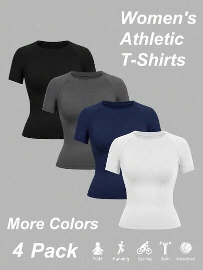 Easithlete 4 piezas Camiseta deportiva de manga corta de unicolor sin costuras para verano y actividades deportivas