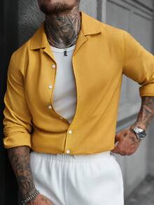 Manfinity Homme Men's Solid Yellow Bamboo Texture Casual Fashion Cuban Collar Long Sleeve Shirt, Fall - Yellow - View 4