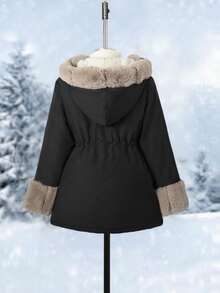 SHEIN 1 Áo khoác dài tay có mũ trùm đầu mềm mại cho bé gái, thiết kế tối giản thoải mái, thích hợp cho mùa đông - màu đen - Xem 6