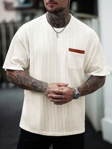 Manfinity Homme Áo thun nam cổ tròn tay ngắn có túi họa tiết jacquard thường ngày - Màu be - Xem 3