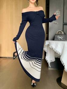 DAZY Autumn/Winter Fitted Off Shoulder Twist Knot Striped Color Block Party Dress, Fashion Cocktail Sweater Dress - Navy Blue - View 1
