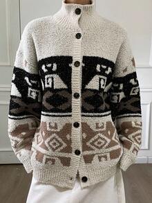 Livesso Women's Loose Casual Vacation Fashion Colorblock Patchwork Geometric Floral Retro Print Knit Cardigan, Autumn/Winter - Beige - View 2