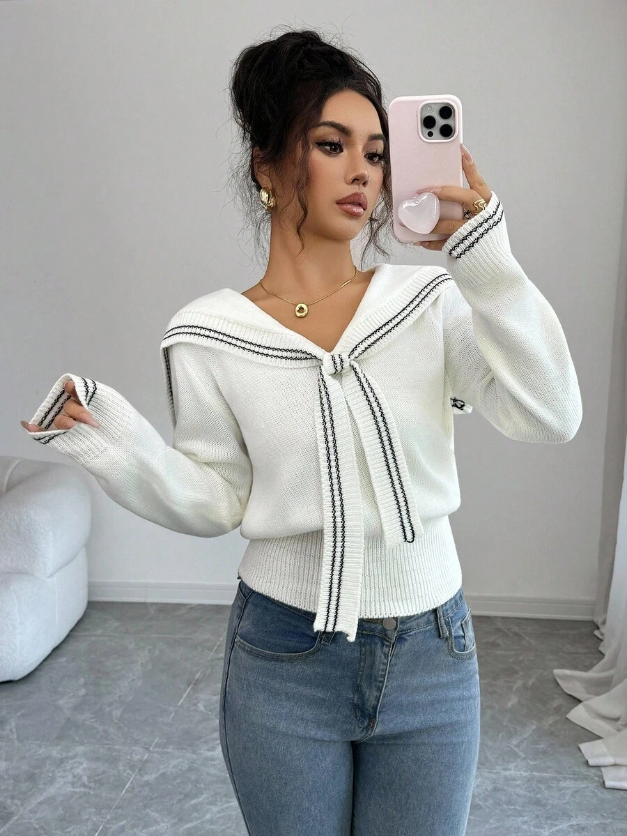 Elenzga Casual Commute Colorblock Striped Sailor Collar Sweater - Apricot - View 1