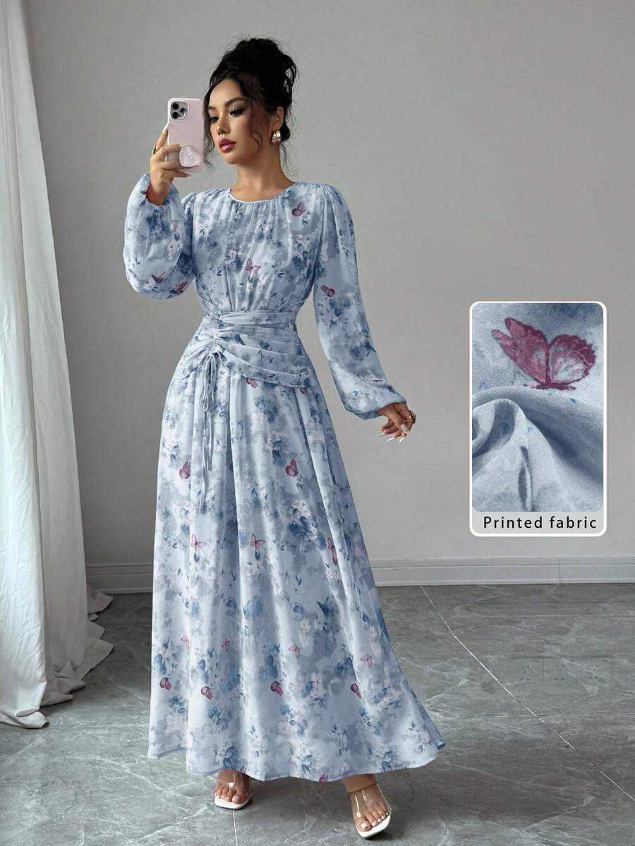 Modelyn 女式夏季雪纺蝴蝶印花褶饰圆领长袖连衣裙 - 藍色 - 查看 1