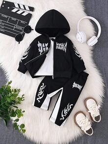 SHEIN 2件/套 嬰兒男童字母刺繡連帽衛衣外套與長褲 黑白配色 秋冬街頭生活休閒圖案街頭時尚海灘款柔軟 - 黑色 - 查看 1