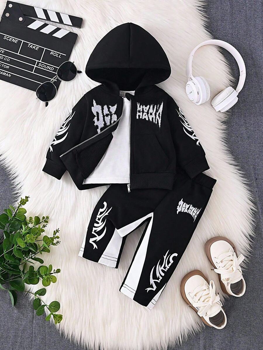 SHEIN 2件/套 嬰兒男童字母刺繡連帽衛衣外套與長褲 黑白配色 秋冬街頭生活休閒圖案街頭時尚海灘款柔軟 - 黑色 - 查看 1