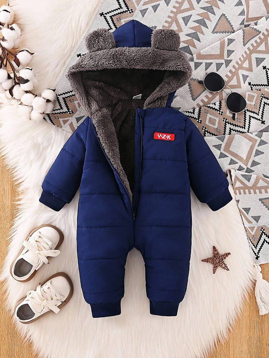 SHEIN Playful Pals 1 bộ đồ liền quần có mũ trùm đầu màu trơn cho bé trai, mềm mại và thoải mái, phong cách thường ngày dễ thương, thích hợp cho hoạt động ngoài trời, du lịch, hàng ngày, mùa thu/đông - Màu xanh lam - Xem 1