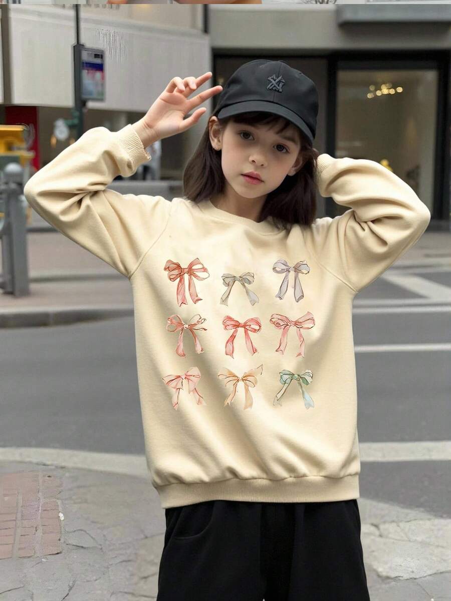 女童休闲圆领长袖运动衫,带9只蝴蝶印花,杏色,秋冬 - 杏色 - 查看 1