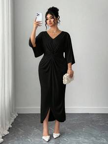 Elenzga 大码女式优雅针织高弹力V领扭纹设计蝙蝠袖中长连衣裙 - 黑色 - 查看 3