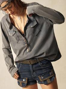 Bohemela 大码女式休闲水洗复古半扣衬衫 - 黑色 - 查看 3