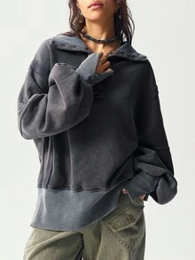 Bohemela 秋冬波西米亚风羊毛休闲纯色针织半拉链长袖宽松水洗女式运动衫 - 深灰色 - 查看 6