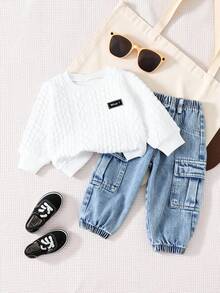 SHEIN Playful Pals 2 件装男婴休闲套装：字母印花圆领长袖运动衫和工装裤，秋季