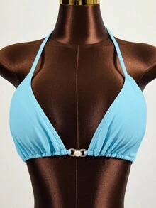 Zestiva Ladies' Vacation Solid Color Halter Strap Sexy Bikini Set With Cover-Up Dress, Summer Beach - Blue - View 7