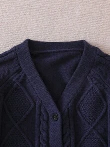 SHEIN Vintaside Kids Cárdigan para niñas, azul marino, suéter de punto grueso con patrón de trenzado de cuerda, diseño clásico de diamante, versátil y cómodo, cálido para Halloween, Navidad, primavera y otoño - azul real - Ver 4