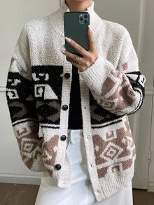 Livesso Women's Loose Casual Vacation Fashion Colorblock Patchwork Geometric Floral Retro Print Knit Cardigan, Autumn/Winter - Beige - View 4